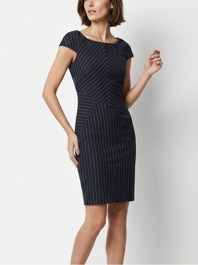 Diane Von Furstenberg Navy White Pinstripe Midi Wool Blend Sheath Dress Size 6